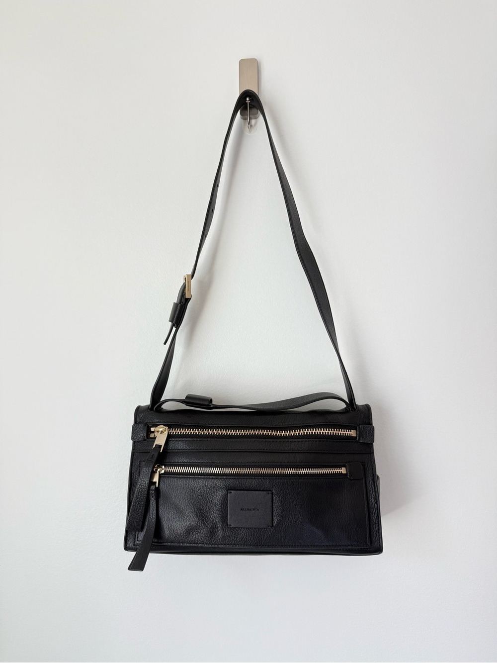 All Saints Black Leather Shoulder Bag with Gold Hardware